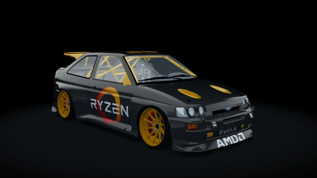 Ford Escort RS Cosworth modificado por jonatanfp_ con decoración Ryzen y AMD, y configuración de competición